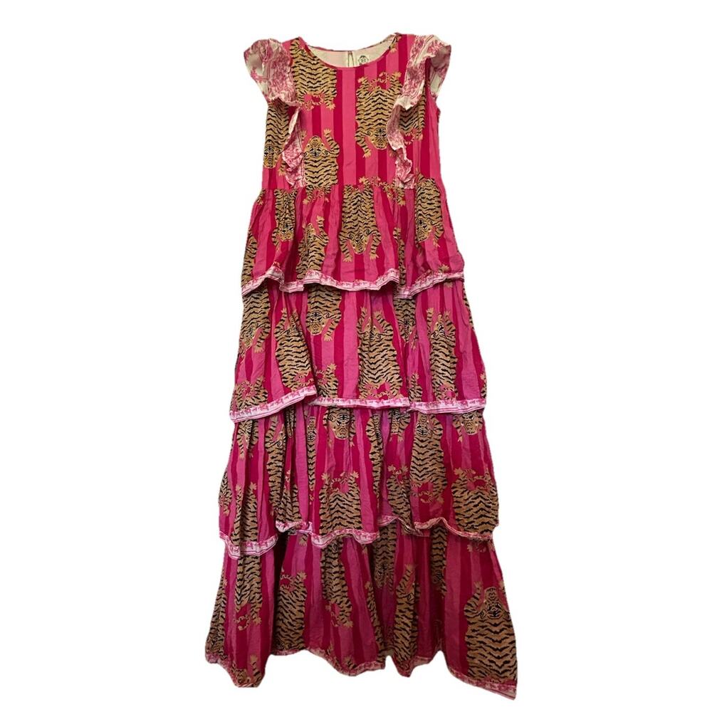 Pink And Orange Tiger Print Cotton Ruffle Tiered Maxi Dress Lined Sz Medium‎